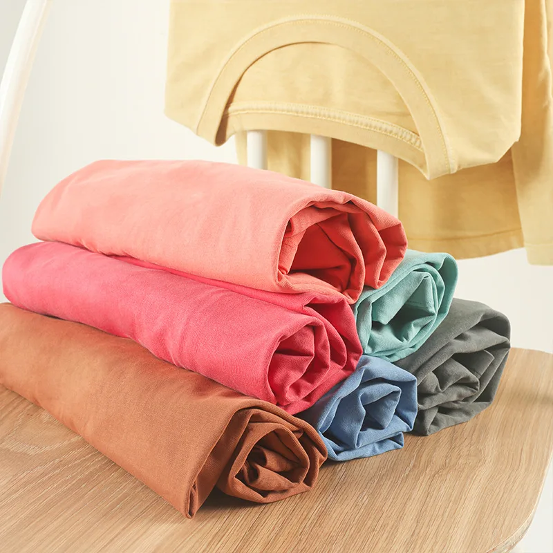 

210g Cotton Tees Summer Washed Water Distressed Solid Color Bottoming Loose Round Neck Men Women Short-Sleeved T-Shirt Casual