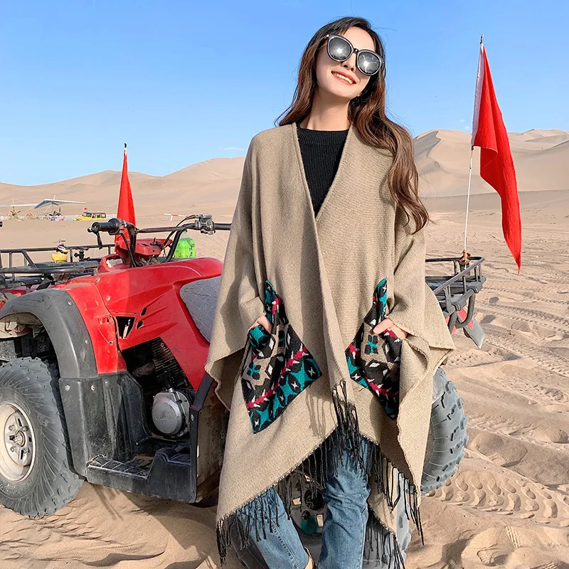 2019 7 Colors Big Pendulum Cloak Ethnic Style Arabic Poncho Women Grey With Leopard Pocket Shawl New Fashion Blanket |