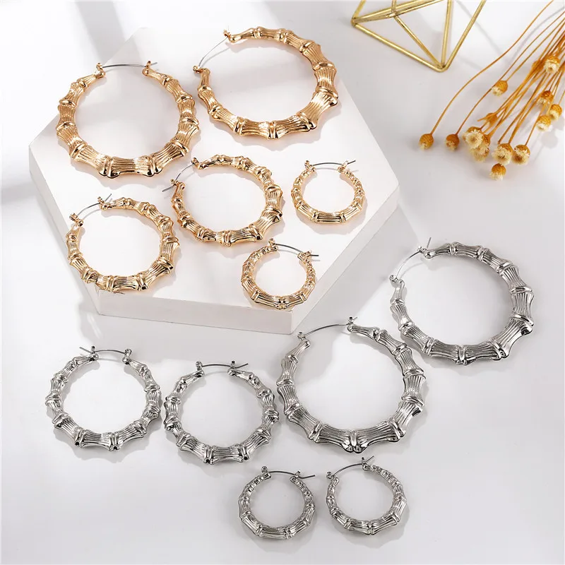 

SUMU Statement Gold/Sliver Big Bamboo Circle Hoop Earrings For Women Hip Hop Earrings Set Classic Jewelry 3pcs/set