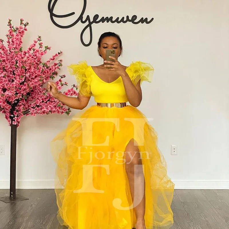 

Lemon Yellow Tulle Skirts High Split Custom Made Ruffles Draped Evening Party Skirt юбка Ball Gown Women's skirt Tutu Skirts
