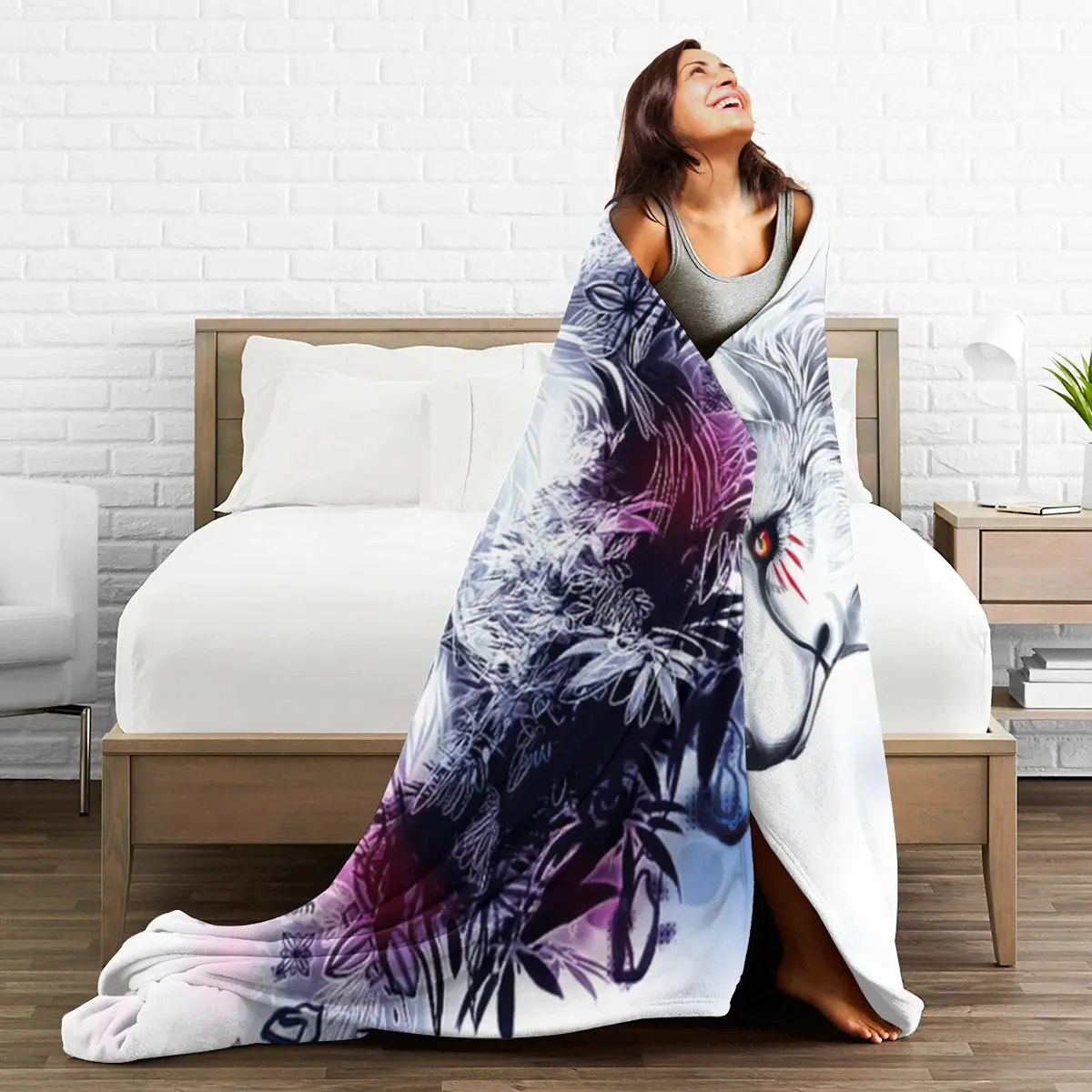 

Cartoon blanket, bedding, wool blanket with 3D printed symbol of cartoon white Wolf
