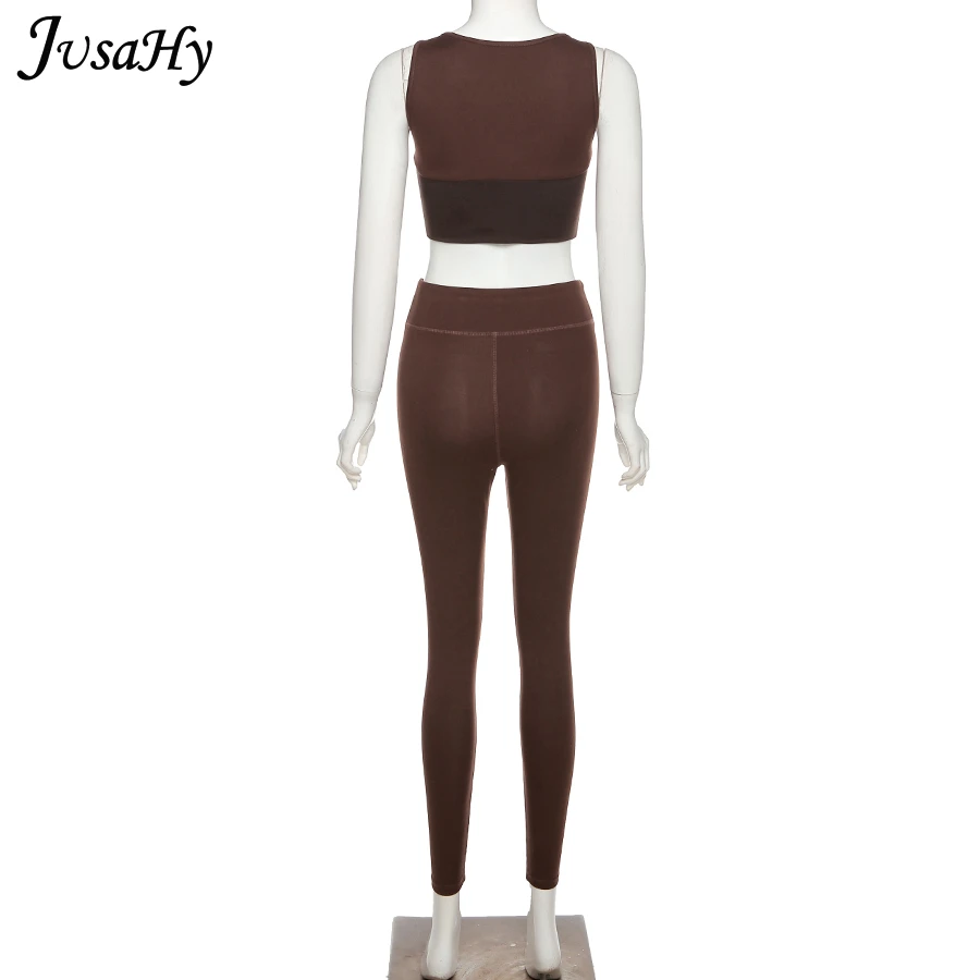 

JusaHy Solid Tracksuit Elastic Bra Vest And Skinny Leggings Two Piece Outfits Women Fitness Jogger Matching Sporty Casual Suits