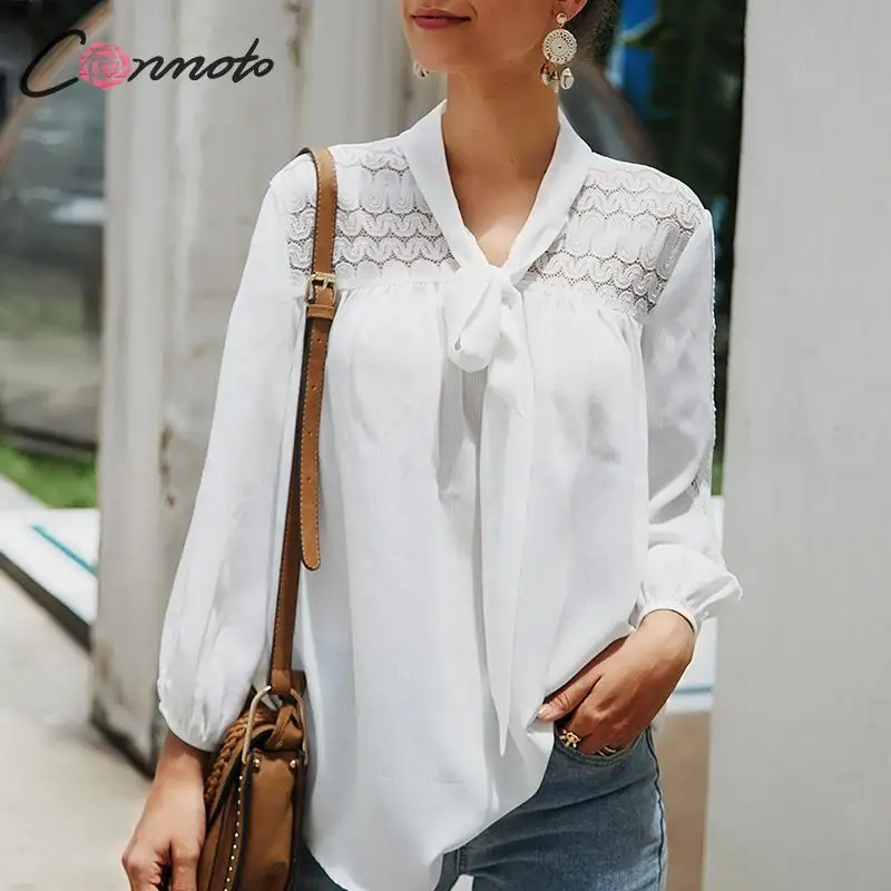Conmoto Женские топы и блузки 2019 белые рубашки с длинным рукавом кружевные лоскутные