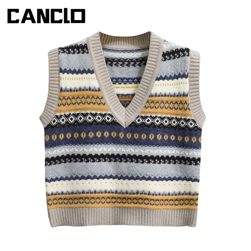 

Fall Winter 2021 Womens Fashion Sleeveless V Neck Knitted Sweater Vest Korean Style Loose Y2k Crop Top Female Pullover Jumper