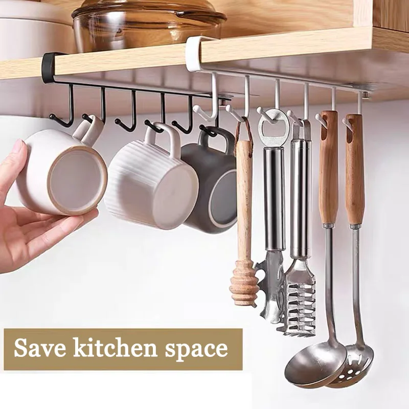 

Iron 6 Hooks Storage Shelf Wardrobe Cabinet Metal Under Shelves Mug Cup Hanger Bathroom Kitchen Organizer Hanging Rack Holder