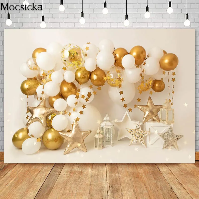

Golden White Stars Balloons Photography Backdrops For Children Birthday Cake Smash Photo Props Studio Booth Background Banner