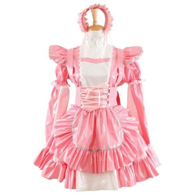 

Pink High Shoulder Bow Ribbon Bubble Sleeve PVC Maid Dress Role Play Costume Customization