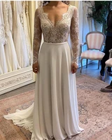 2021 wedding dress long sleeve a line chiffon lace sexy v neck sweep train robe de mariee beach bohemian bridal gowns charming