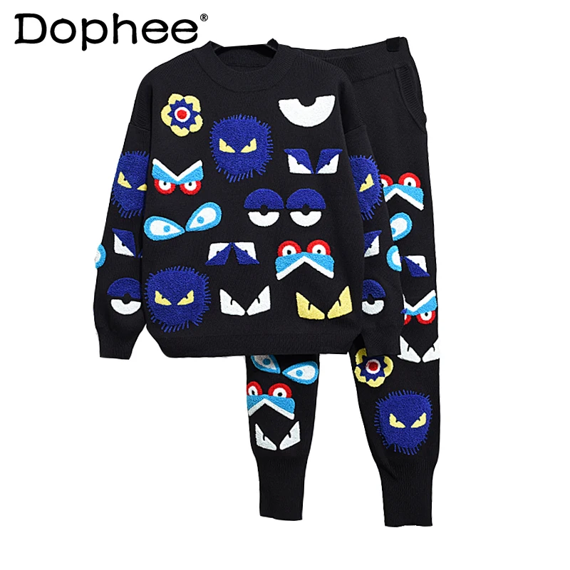 

2021 Spring New Little Monster Embroidered Knitted Sweater Casual Pencil Pants Female Fashion European Style Two Piece Set