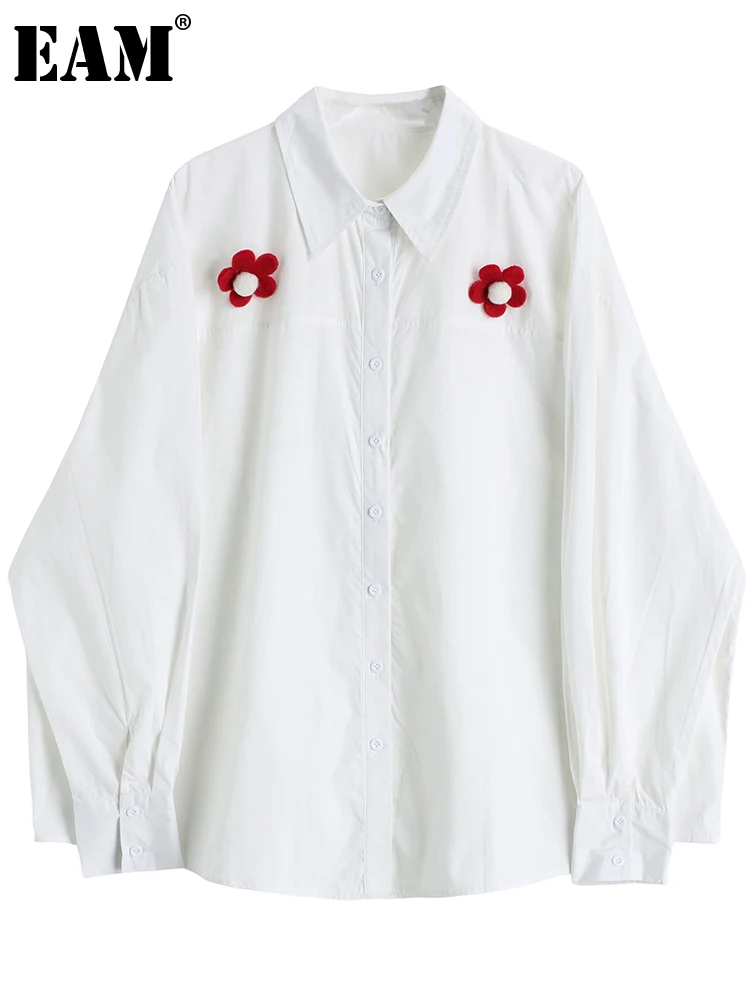 

[EAM] Женская белая блузка с цветочным принтом и пуговицами большого размера, новая свободная рубашка с длинными рукавами и лацканами, модная ...