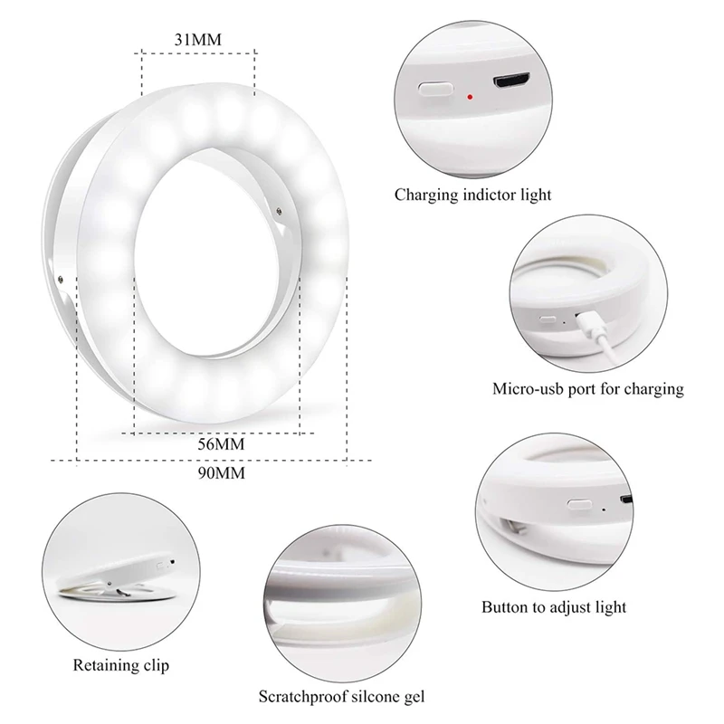 Selfie Ring Light With 40 LEDs Rechargeable Retaining Clip on for Cell Phone Laptop Photography | Электроника