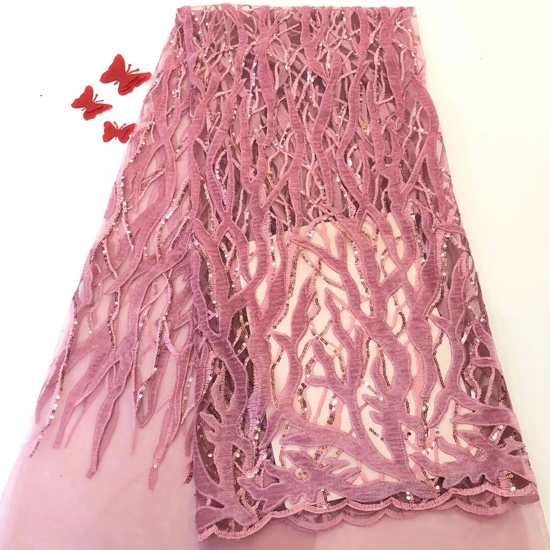 

African velvet lace fabric 2019, the latest purple wedding dress, Tissu Mariage velvet lace material J0410