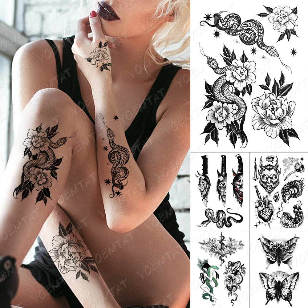 

Waterproof Temporary Tattoo Sticker Moth Eagle Old School Flash Tattoos Black Snake Rose Stars Body Art Arm Fake Tatoo Women Men