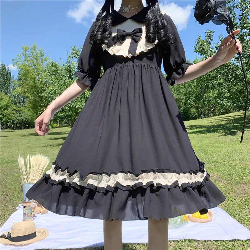 Летнее повседневное темное мягкое платье в стиле лолита ретро для девочек с