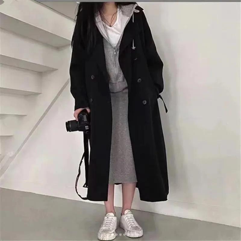 

Woman Windbreaker Coat Black Retro British Style Spring Medium Long Korean Preppy Style 2021 Fashion Loose Women Oversize Coat