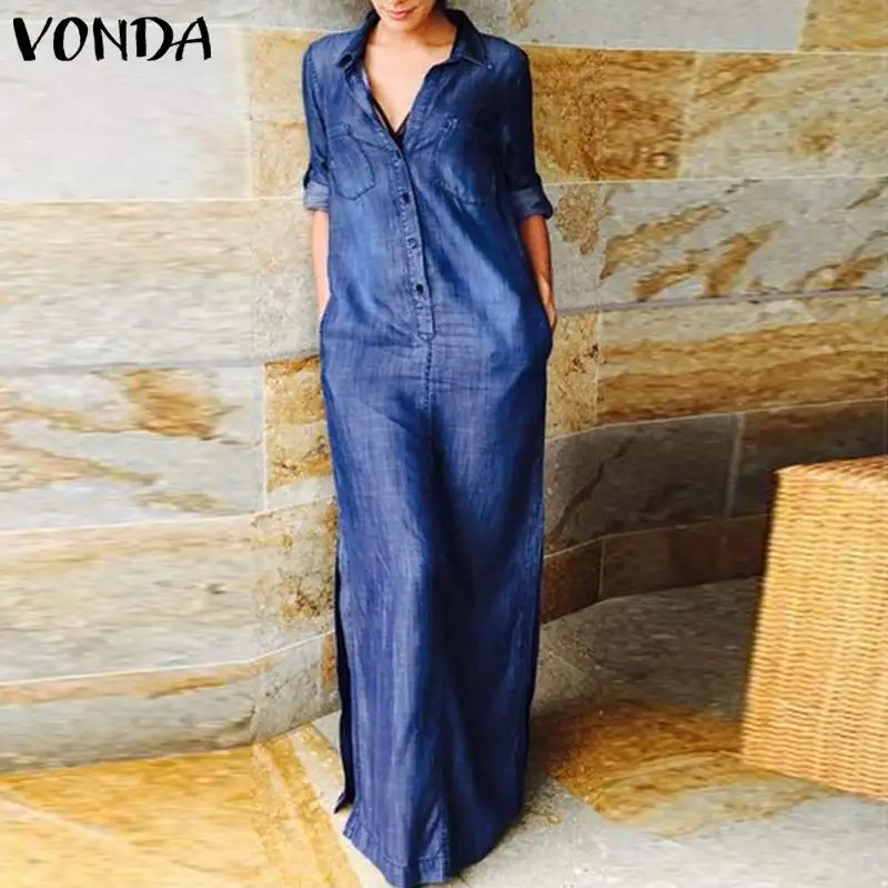 

Casual Demin Dress 2021 VONDA Women Vintage Lapel Collar Long Maxi Dresses Bohemian Summer Dress Casual Vestido Robe