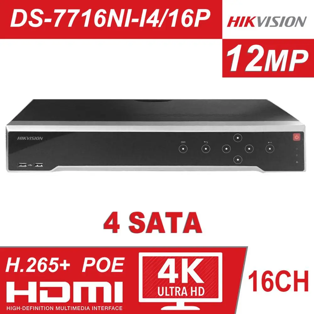 Hikvision H.265 4K разрешение 16CH NVR DS-7716NI-I4/16 P Plug& Play 16-канальный POE NVRs для системы видеонаблюдения HDMI 4 SATA 12MP