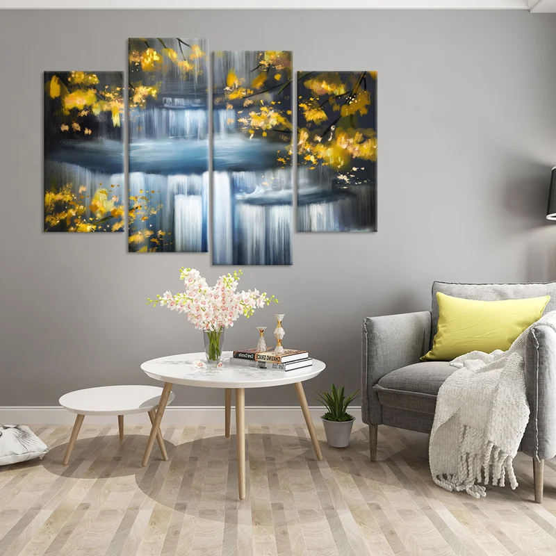 

4 Panels Canvas Wall Art Painting Waterfall In Autumn Forest Print Home Decor Poster Modern Living Room Decoration Pictures