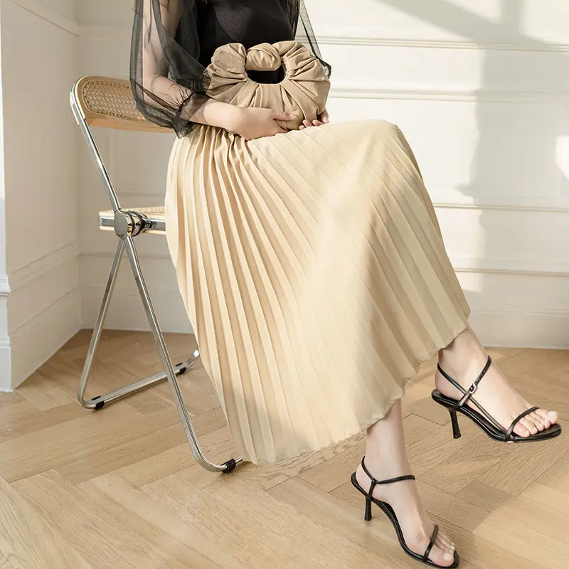 

2021 New Spring Summer Solid Fashion Women Midi Skirt Elastic High Waisted Saias Faldas Vintage Female Wild Pleated Skirts Y886
