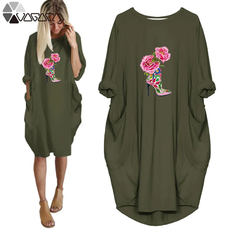 

Women High Heels Flower Print Dress Autumn Long Sleeve O-Neck Pockets Plus Size Midi Dresses Fashion Party Club Black Streetwear