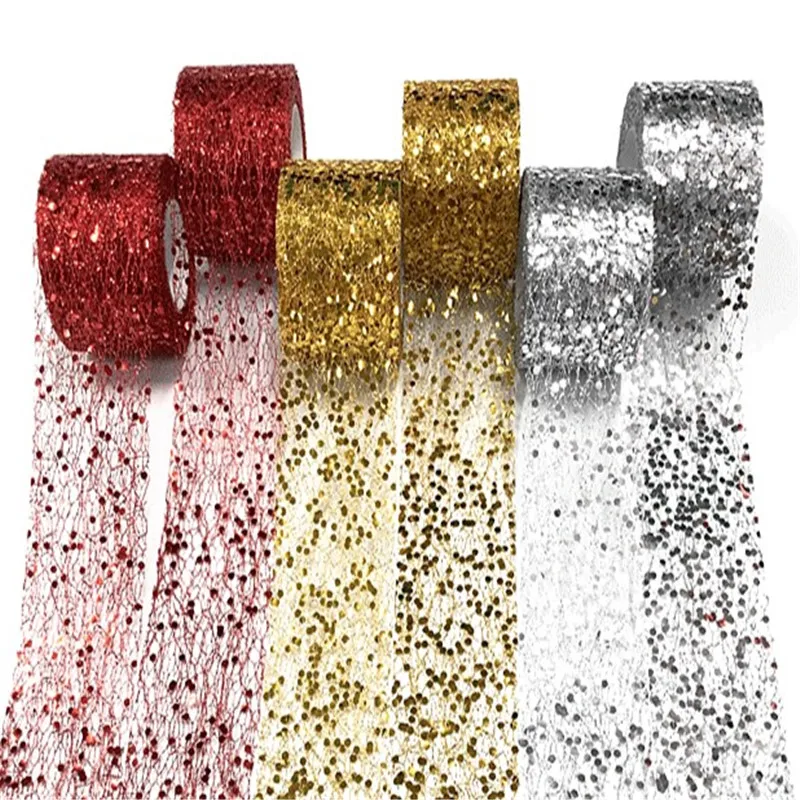 

5cm*10 Yards Glitter Gold Sequin Tulle Roll Fabric Spool DIY Crafts Headwear Wedding Christmas Gifts Cake Box Ribbon Decorations