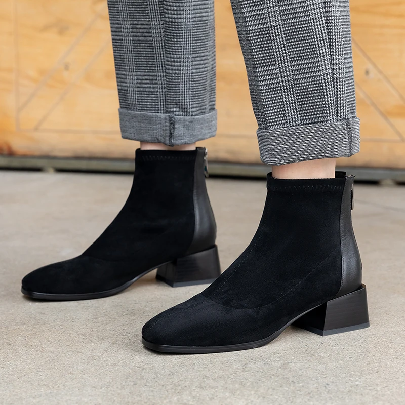 

Women's genuine leather flock patchwork autumn 4.5cm low heel ankle boots back zip comfort short booties round toe casual shoes