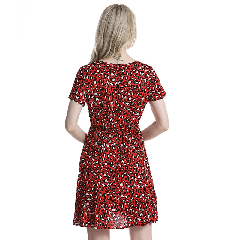 

Women Mini Leopard Dress Summer Print Ruffles Short Sleeve V neck Evening Party Sweet Beach Dress 2021 Summer Style