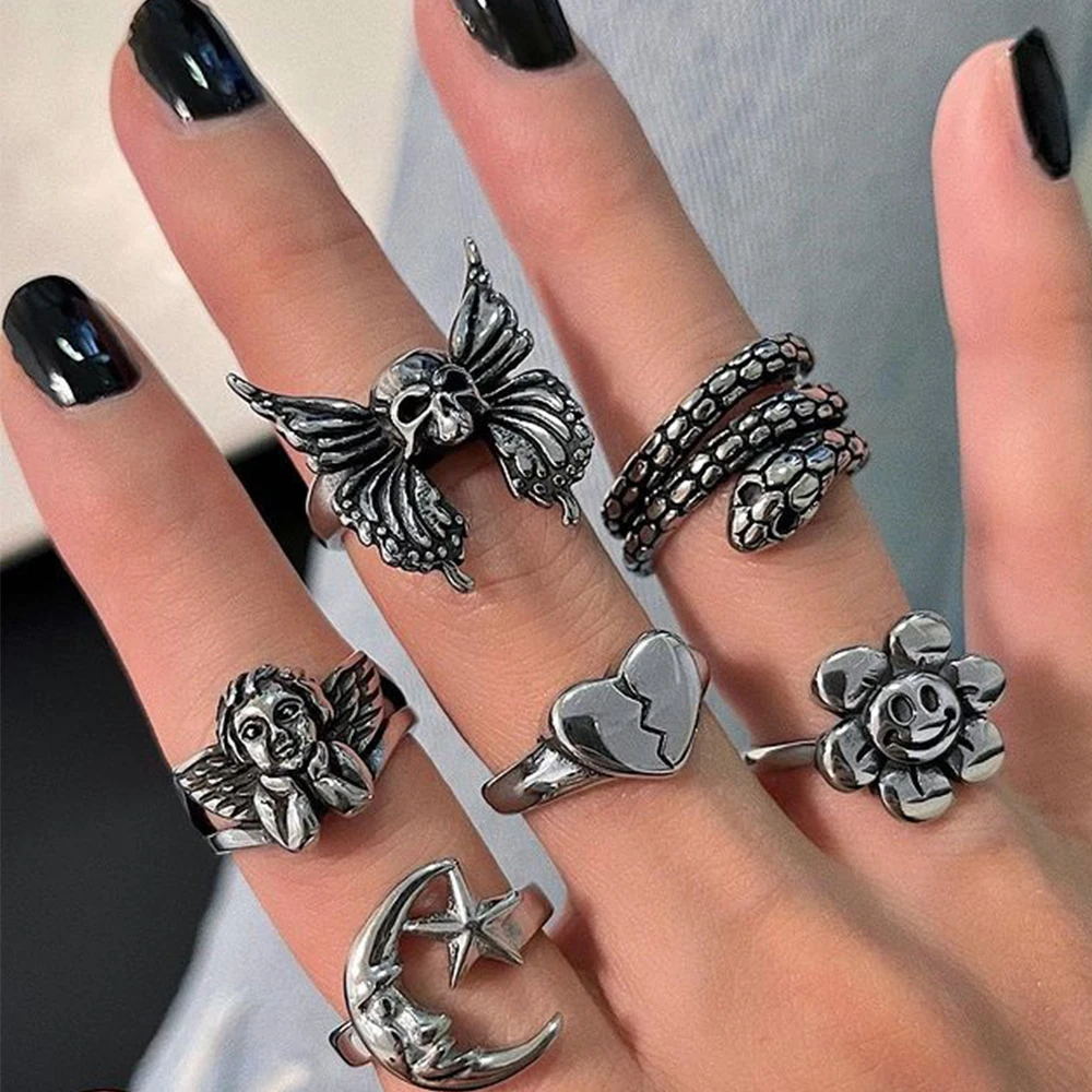 Vintage Silver Color Skull Heart Rings Set For Women Men Gothic Chain Retro 2021 Trend Fashion Jewelry | Украшения и аксессуары