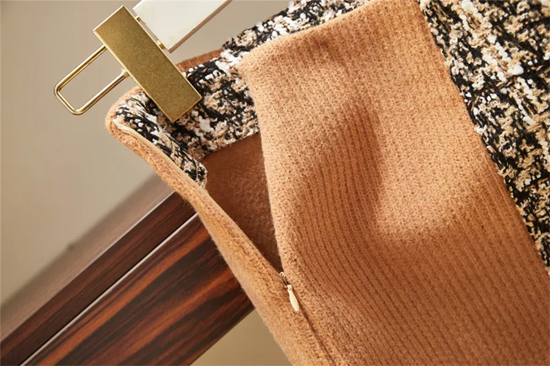 

CBAFU turtleneck long sleeve sweater set knitted two piece set houndstooth skirt suit patchwork autumn warm tweed set M029