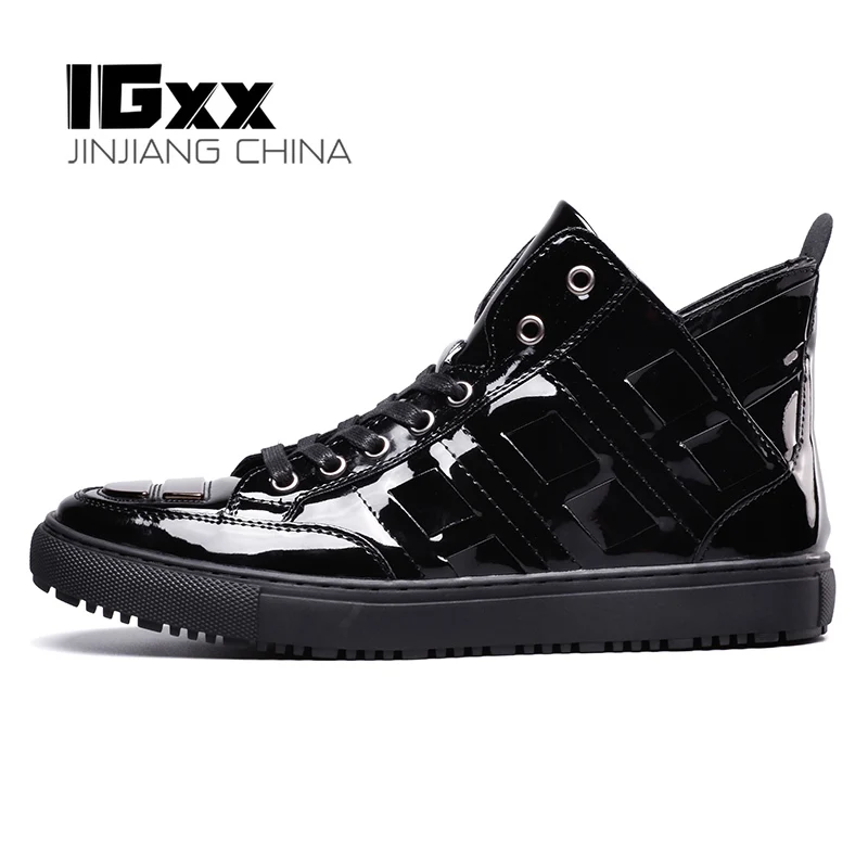 

IGxx High top Shoes Metal Skateboard Lace-up PU Bling Men's Sneakers Punk Ankle Boots For Men Basketball Shoes Black Gold