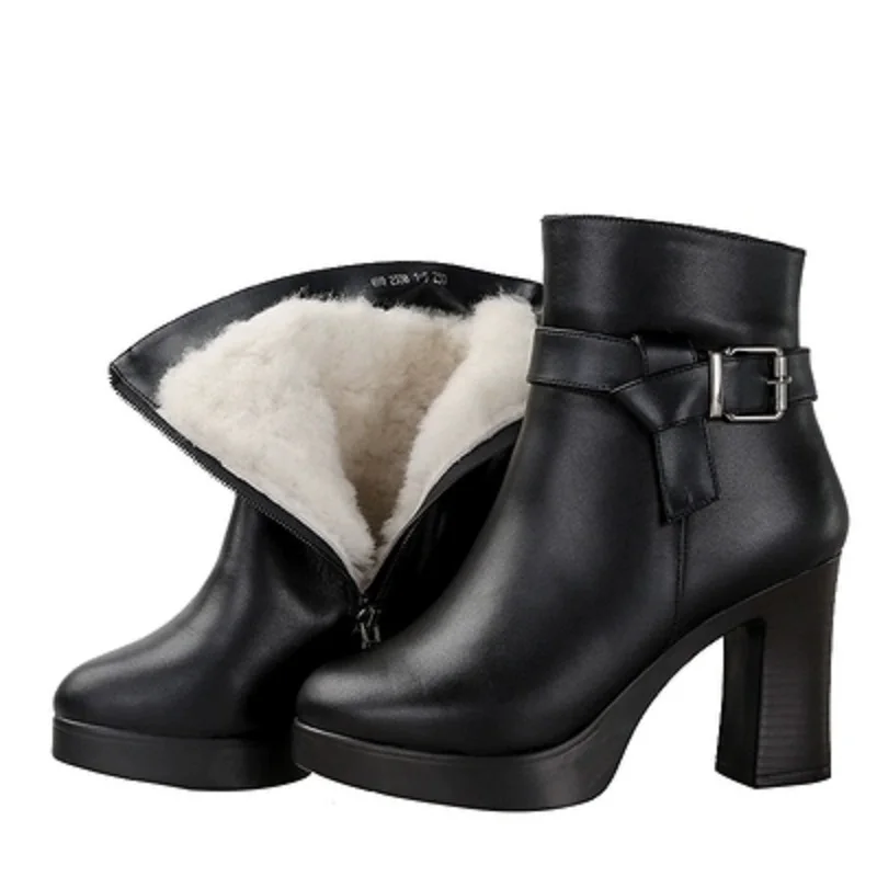

2019 женские уличные Водонепроницаемые зимние сапоги меховые на высоком каблуке Модные дикие корейские короткие сапоги кожаные шерстяные са...