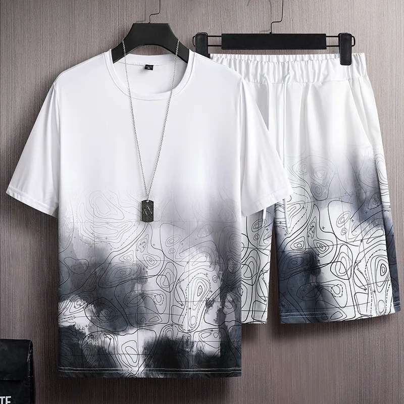 

2021 sports suit men's casual summer tide fat short-sleeved shorts two-piece plus size running quick-drying clothes