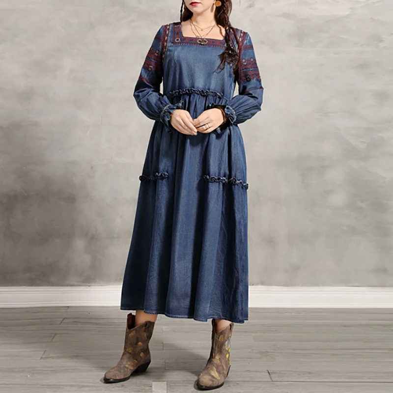 

SeeBeautiful New Fashion 2020 Autumn Winter Square Collar Long Lantern Sleeve Embroidery Stitching Loose Denim Dress Women N919