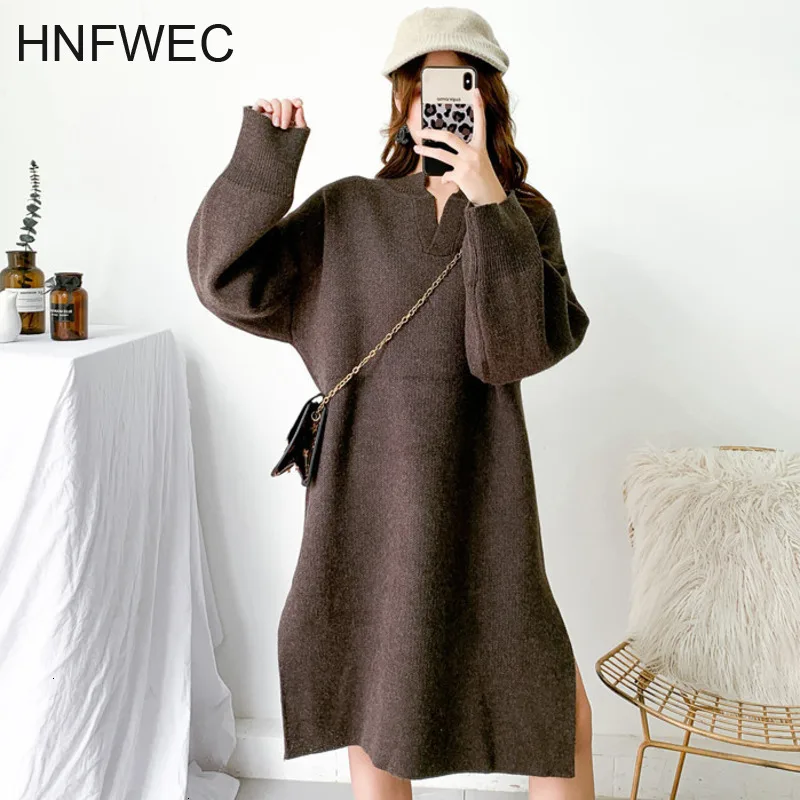 

V-neck Solid Color Mid-length Pullover Knit Sweater 2020 Spring New Loose Leisure Korean Version Dress Women Wild Y819