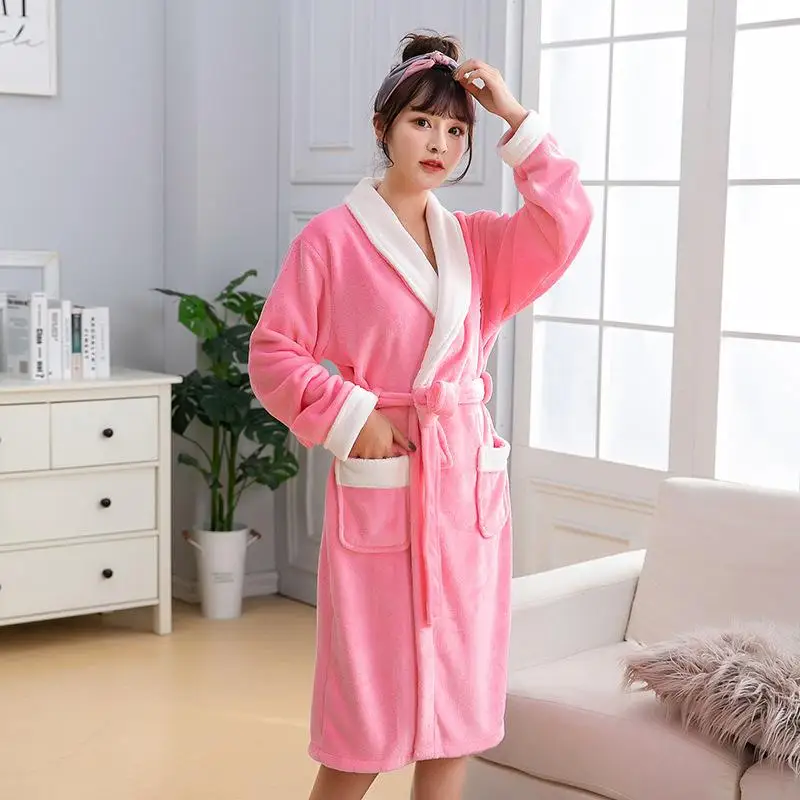 Couple Lounge Kimono Gown Coral Fleece Warm Robe Bathrobe Winter Casual Home Clothing Women Soft Flannel Nightgown Sleepwear - Цвет: Women A