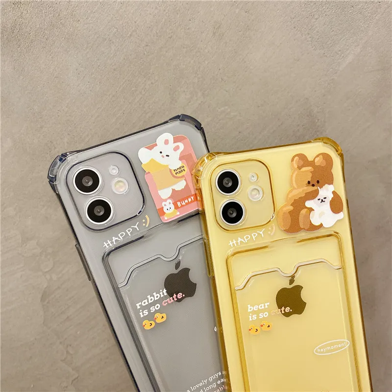 Cute Bear Cartoon Rabbit Card Holder Wallet Phone Case For iPhone 11 12 13 Pro XS Max XR 7 8 Plus Soft TPU Shockproof Case Cover