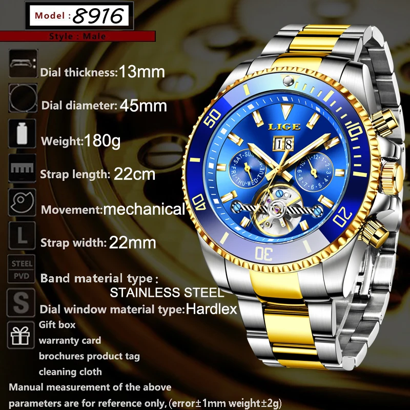 

2021 LIGE Design New 45mm Men Luxury Automatic Mechanical Wrist Watch Men Stainless Steel 30M Waterproof Watch Relogio Masculino
