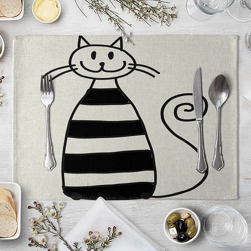 Подставка под столовую посуду с милым рисунком кошки черные и белые льняные