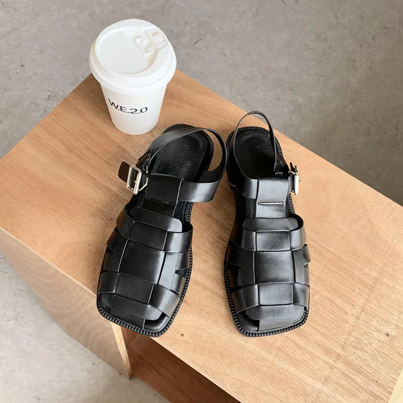 

Beige Heeled Sandals Breathable Square Toe Female Shoe 2021 Summer Black Girls Retro Flat Fashion Closed Comfort Low New Fabric