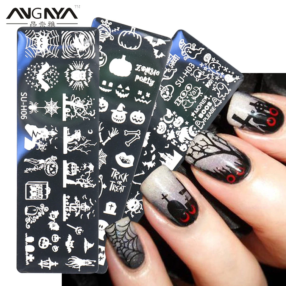 

ANGNYA 6Pcs/set Nail Stamping Plate Halloween Pumpkin Image Christmas Snowflake Manicure Stamp Template Nail Art Image Plates