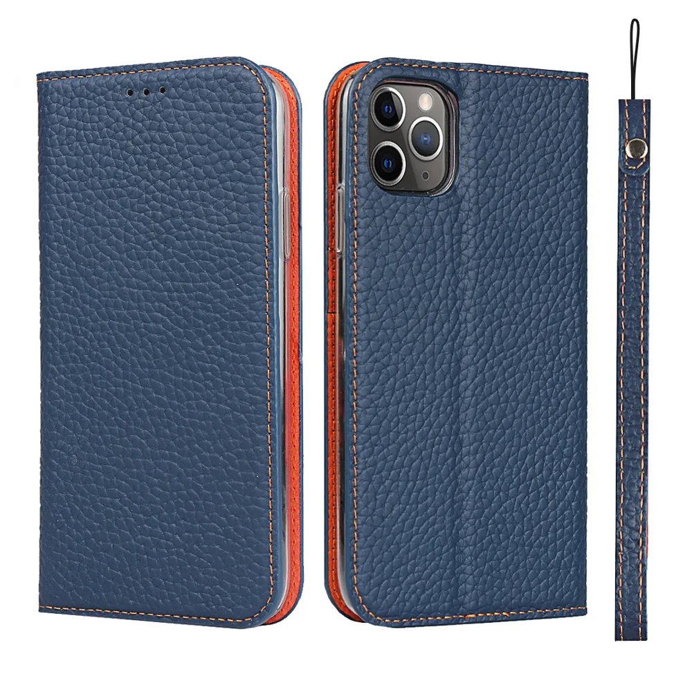 

Genuine Cow Leather Wallet Case for iPhone 12 Pro Max 11 Xs Max Xr X 7 Plus 8 SE 2020 12mini Luxury Card Stand Phone Cover+Strap