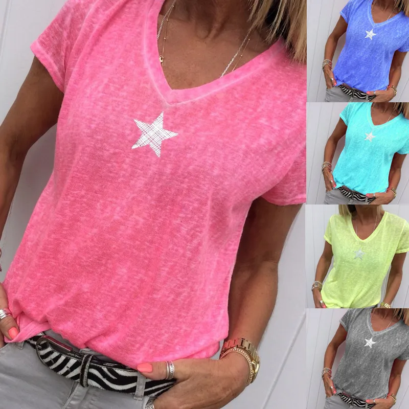 

2021 Spring and Summer Women's New V-neck Five-Pointed Star Cool and Comfortable Women's T-shirt