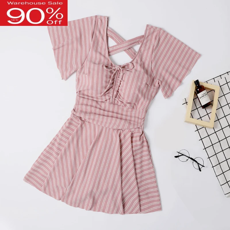 Цельный купальник в розовую полоску женский большого размера на косточках с