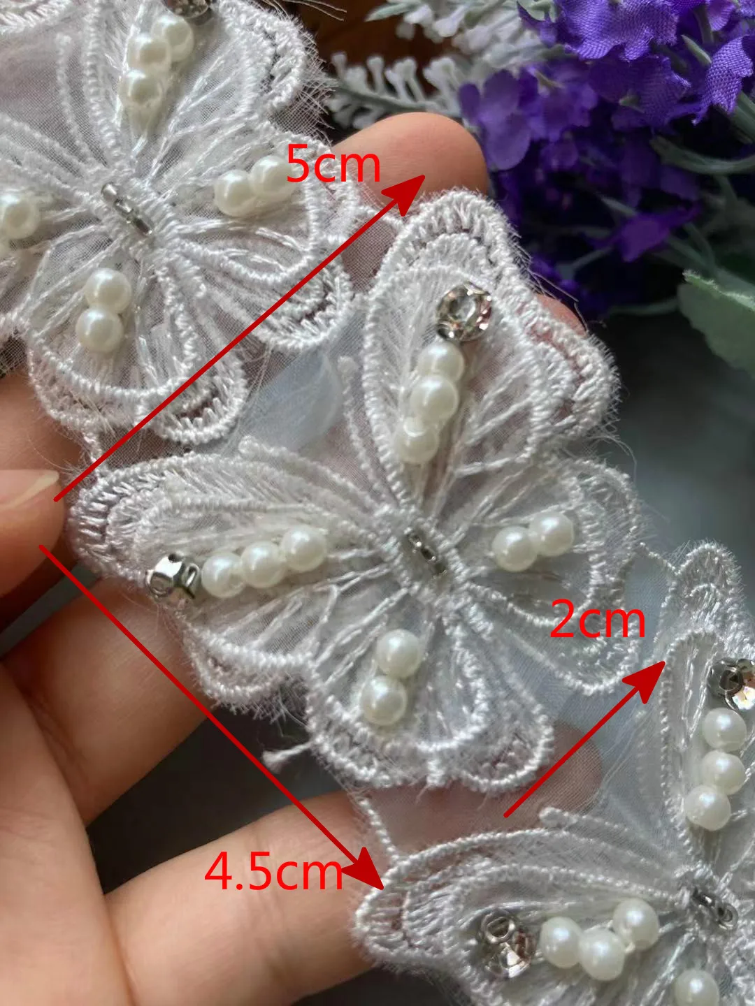 

10x White Lace Trim Fabric Ribbon Double Butterfly Rhinestones Embroidered Handmade Sewing Craft For Hat Shoes Decoration 4.7 CM