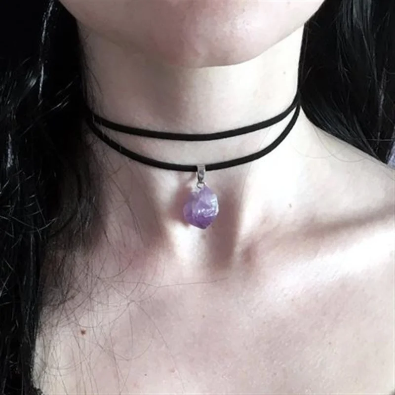 

Purple Crystal Choker Necklace Witchy Jewelry Raw Stone Pendant Black Layering Choker Boho Style Fashion Women Gifts new