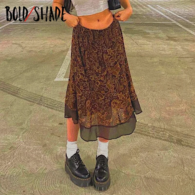 

Bold Shade Fairygrunge High Waist Skirts Print Lace Trim Ruffle 90s Vintage Midi Skirt Women Mesh Tan Indie Clothes 2021 Autumn