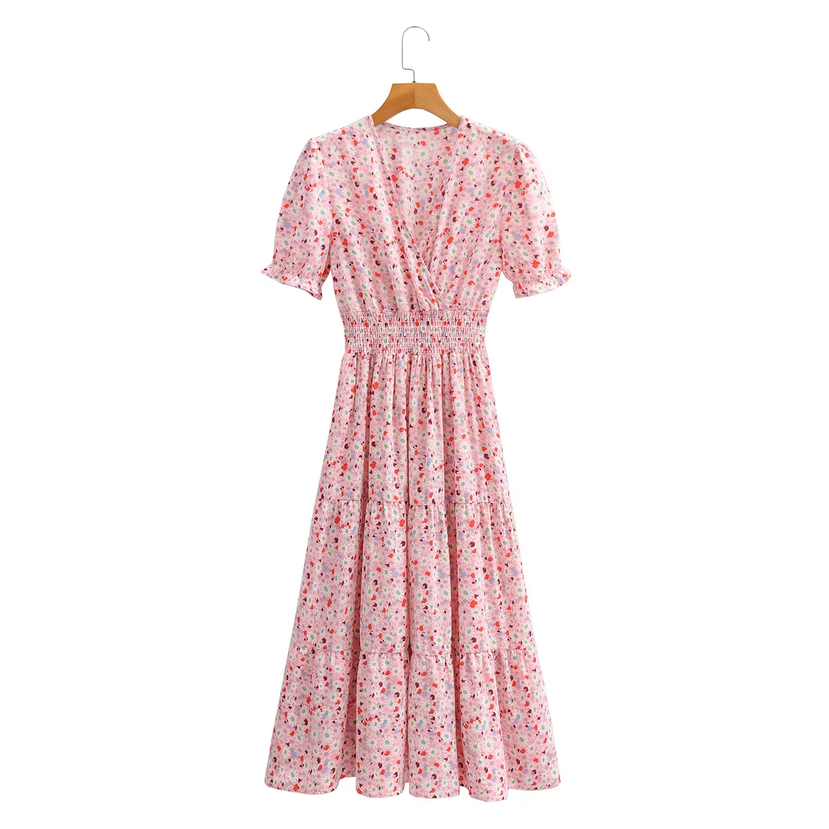 

Женское шифоновое платье средней длины с V-образным вырезом и коротким рукавом