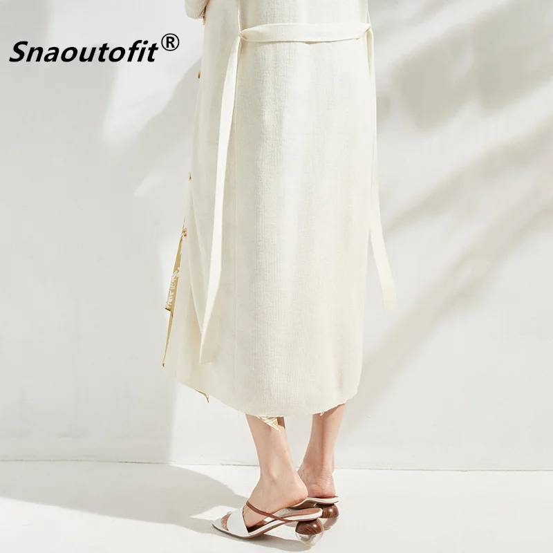 Snaoutofit Mid-Length Ladies100 Pure Wool Cardigan Dress Spring And Autumn Lace-Up Waist Knee-High V-Neck Knitted Sweater Overco