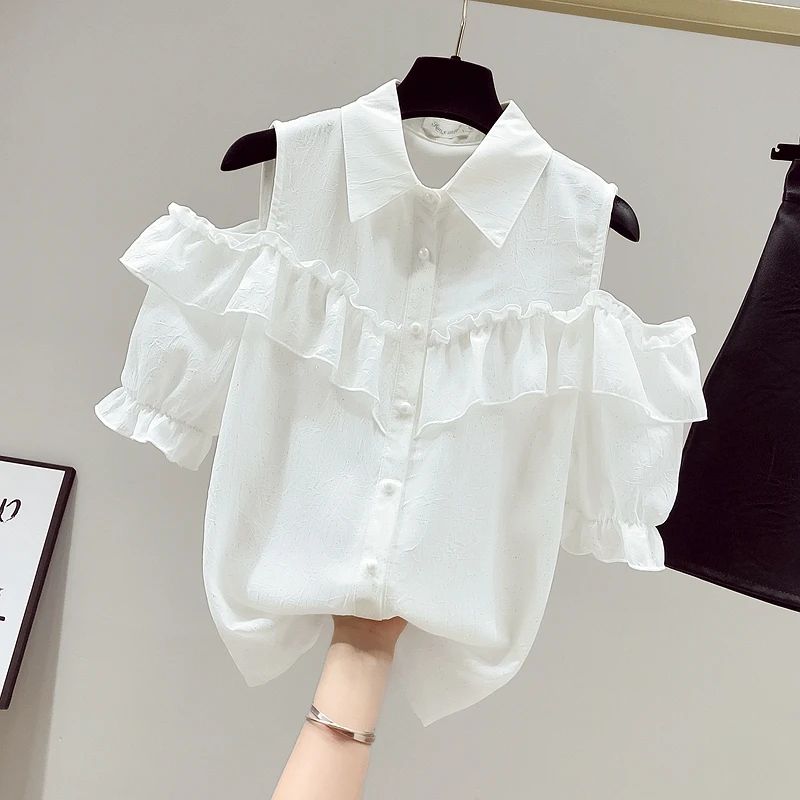 Женская шифоновая блузка с коротким рукавом свободная оборками и открытыми