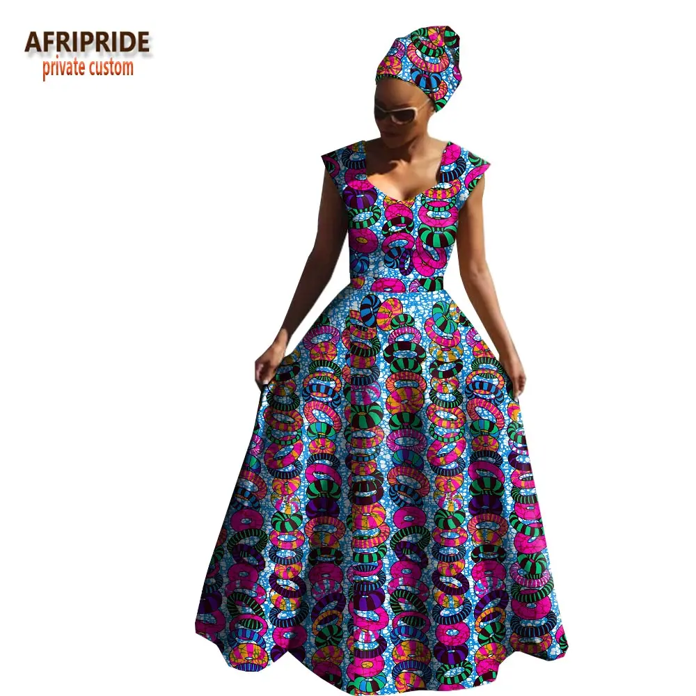 Afripride, Африканское весеннее Хлопковое платье для женщин, без рукавов, v-образный вырез, длина до пола, женское платье с повязкой на голову A1825039 - Цвет: 575J